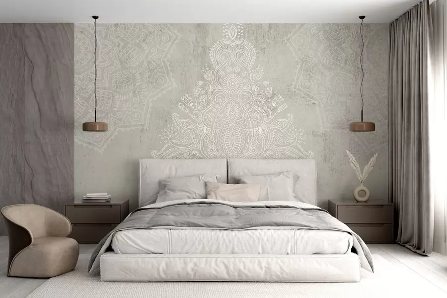 murales de pared Un detallado e intrincado estampado de mandala de encaje blanco sobre un fondo abstracto de textura beige claro w08614