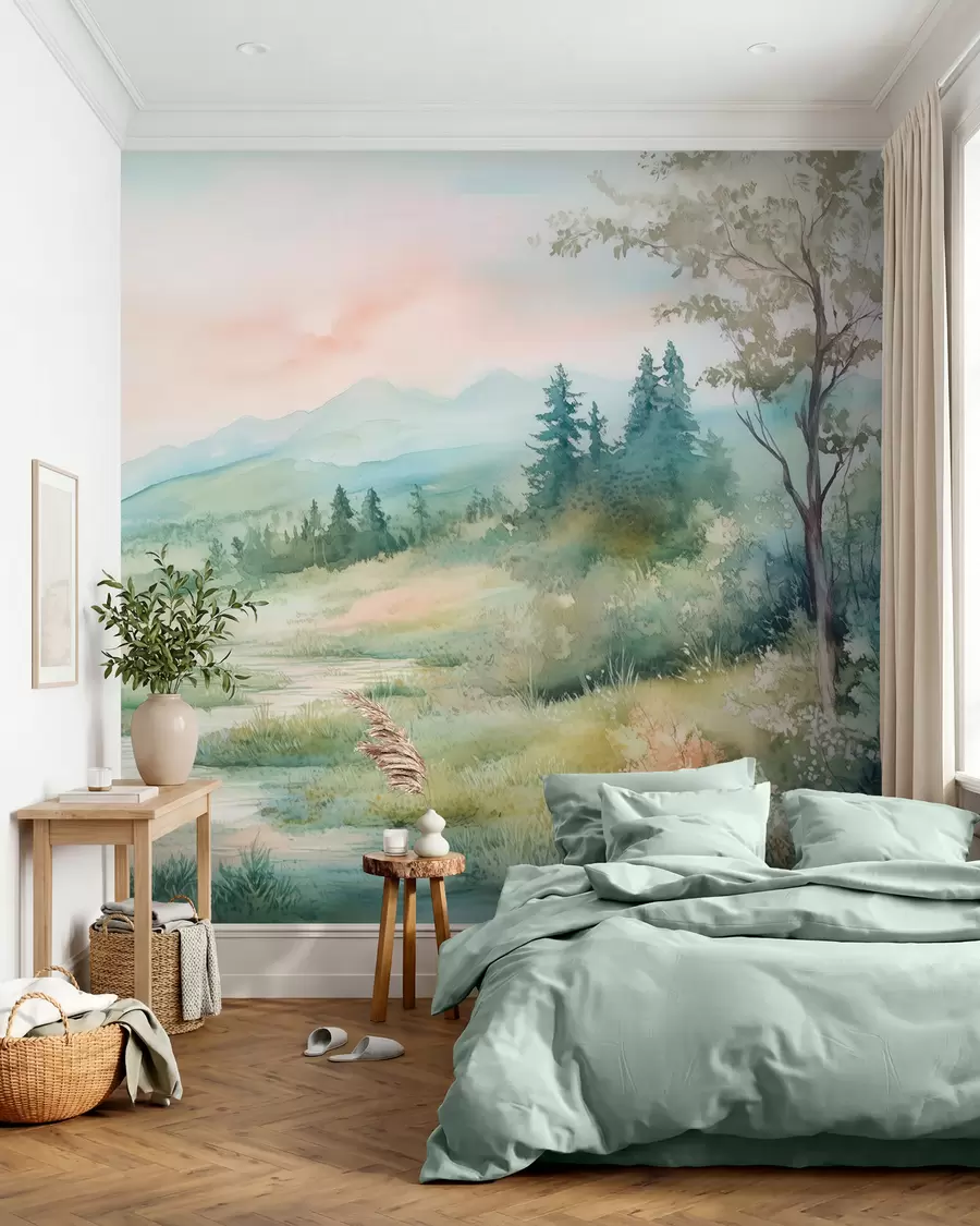 murales de pared acuarela paisaje con un camino y montañas w02764