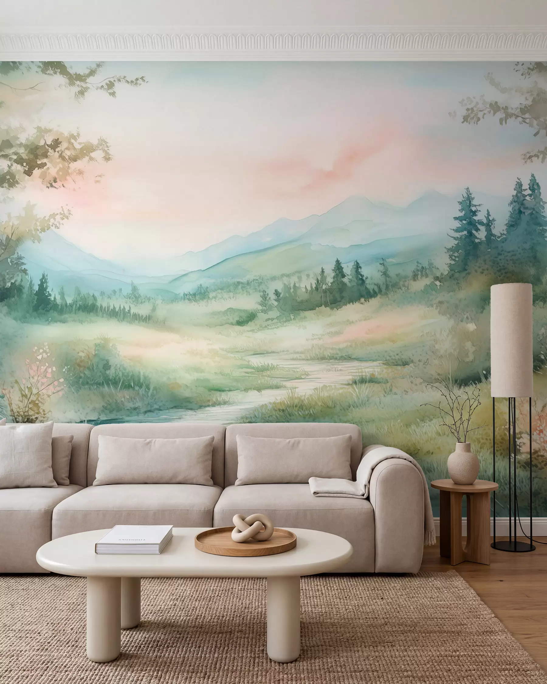 murales de pared acuarela paisaje con un camino y montañas w02764