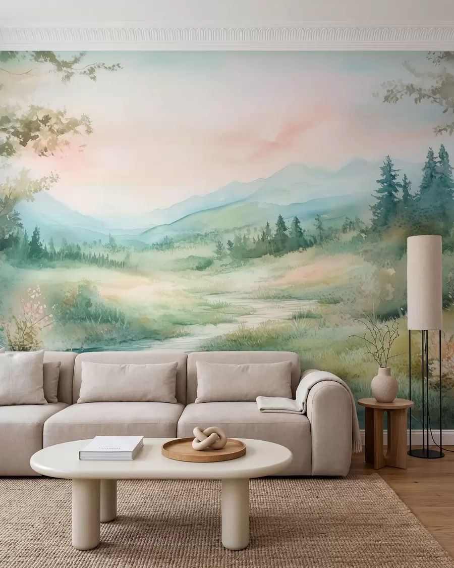 murales de pared acuarela paisaje con un camino y montañas w02764