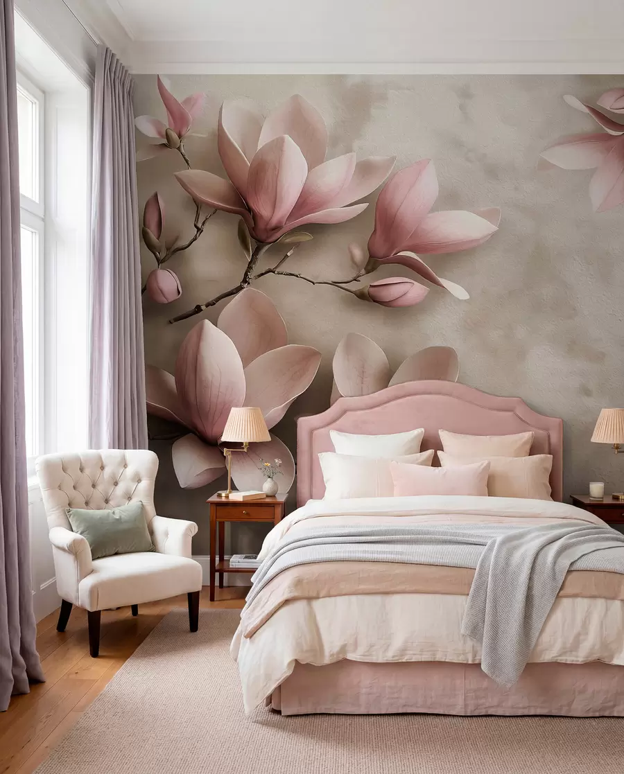murales de pared Delicadas magnolias rosas sobre un muro de hormigón en tonos sepia w08636v2