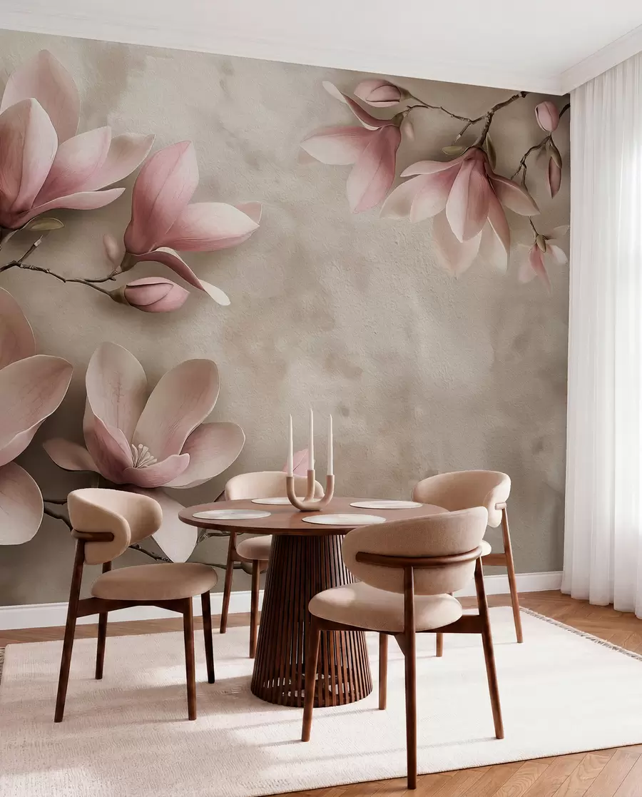 murales de pared Delicadas magnolias rosas sobre un muro de hormigón en tonos sepia w08636v2