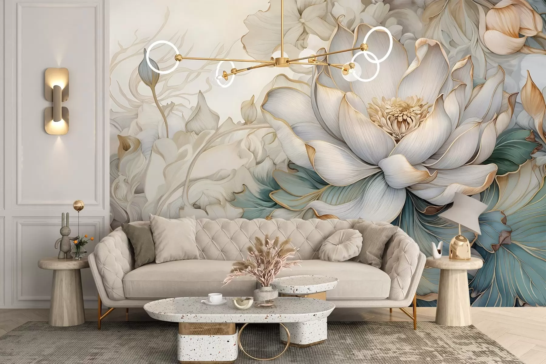 murales de pared Una gran y delicada flor de lirio blanco y follaje con suaves pétalos decorativos en capas sobre un fondo abstracto de textura azulada w08640