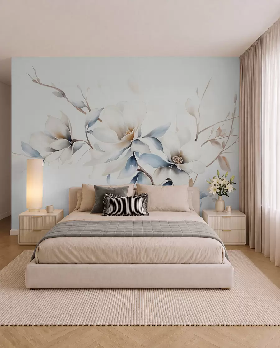 murales de pared Delicadas flores blancas de magnolia con suaves pétalos azules sobre un fondo claro acuarela imitación minimalismo  w08644