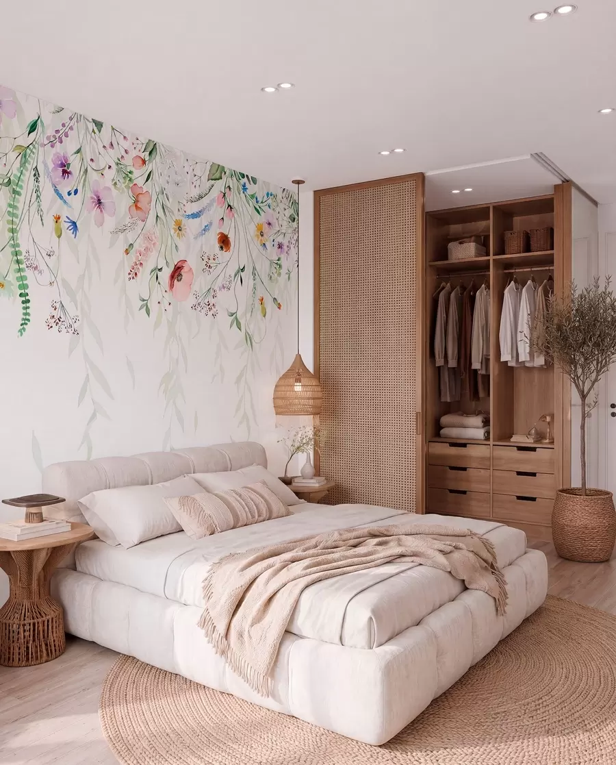 murales de pared Un colorido estampado floral en cascada con varias flores, hojas y plantas en estilo acuarela   w08646