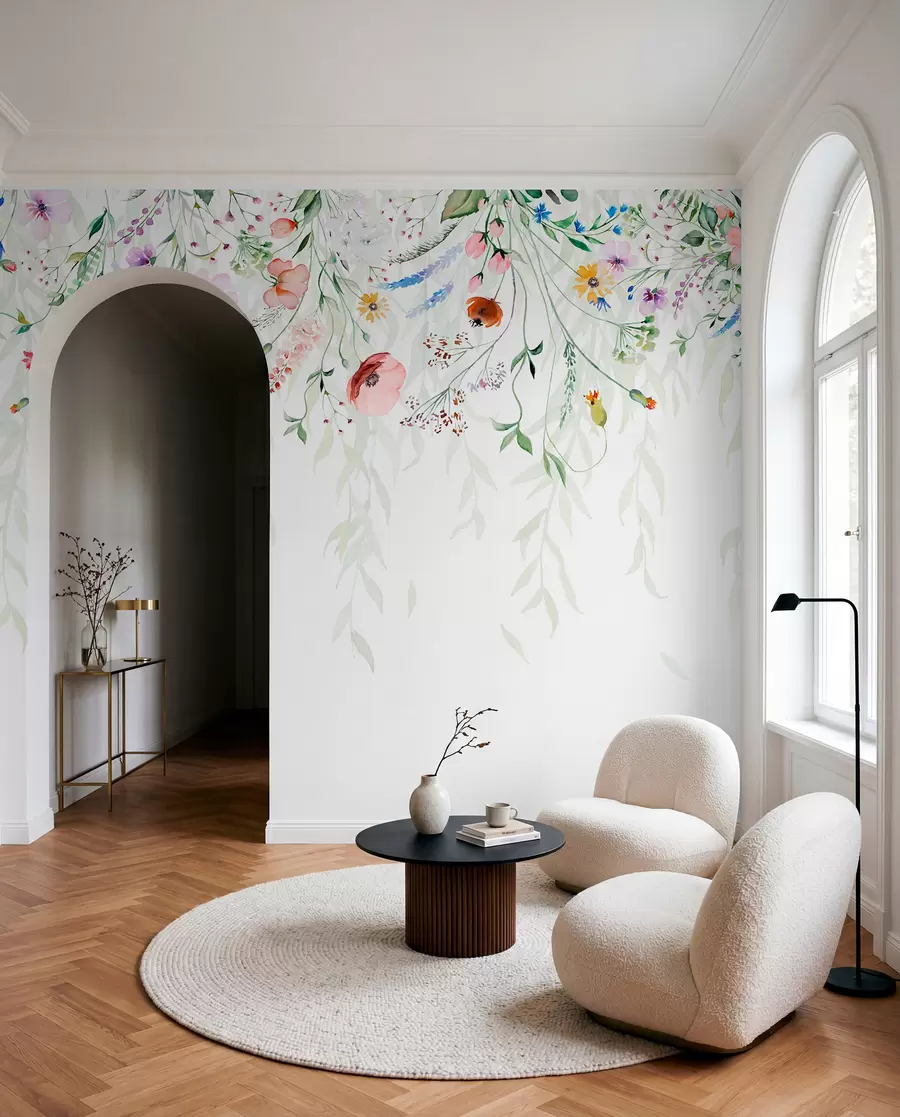 murales de pared Un colorido estampado floral en cascada con varias flores, hojas y plantas en estilo acuarela   w08646