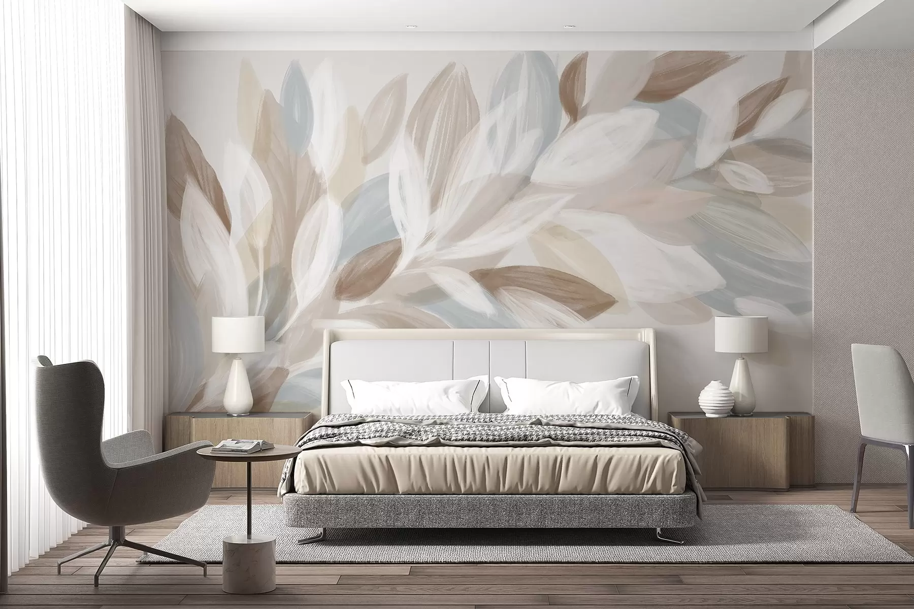 murales de pared Suaves hojas de colores pastel en tonos blanco, beige y azul claro, que crean una composición delicada y etérea w08649