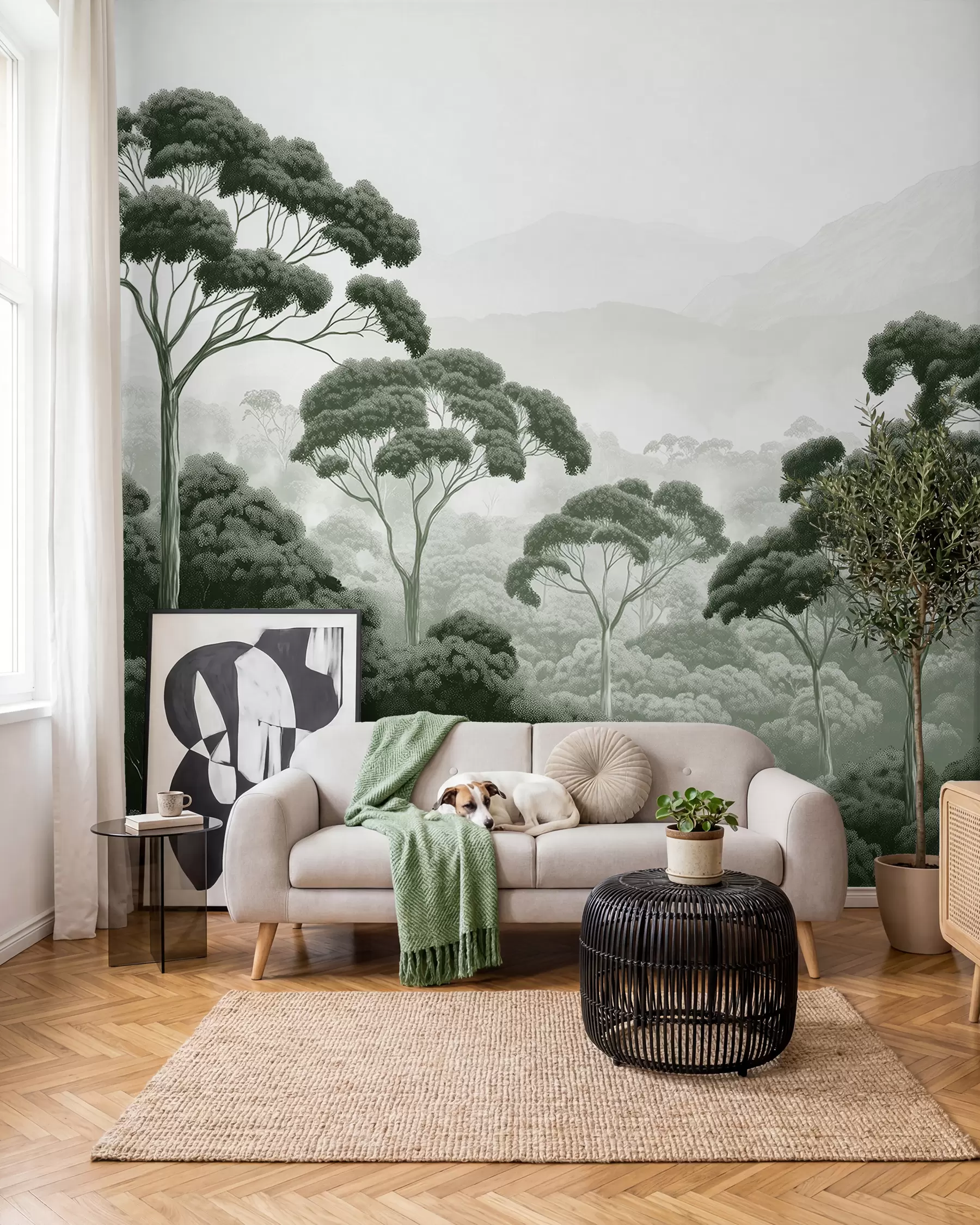murales de pared Selva, montañas, tropical, naturaleza, grandes árboles, colores verde oscuro w02739v1