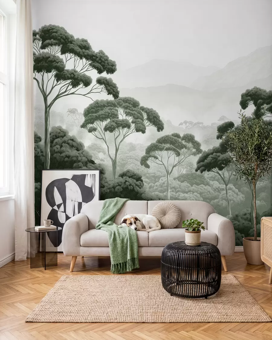 murales de pared Selva, montañas, tropical, naturaleza, grandes árboles, colores verde oscuro w02739v1