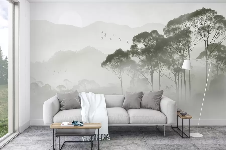 murales de pared Árboles en la niebla, paisajes de naturaleza, pájaros, sol, colores verdes w02740
