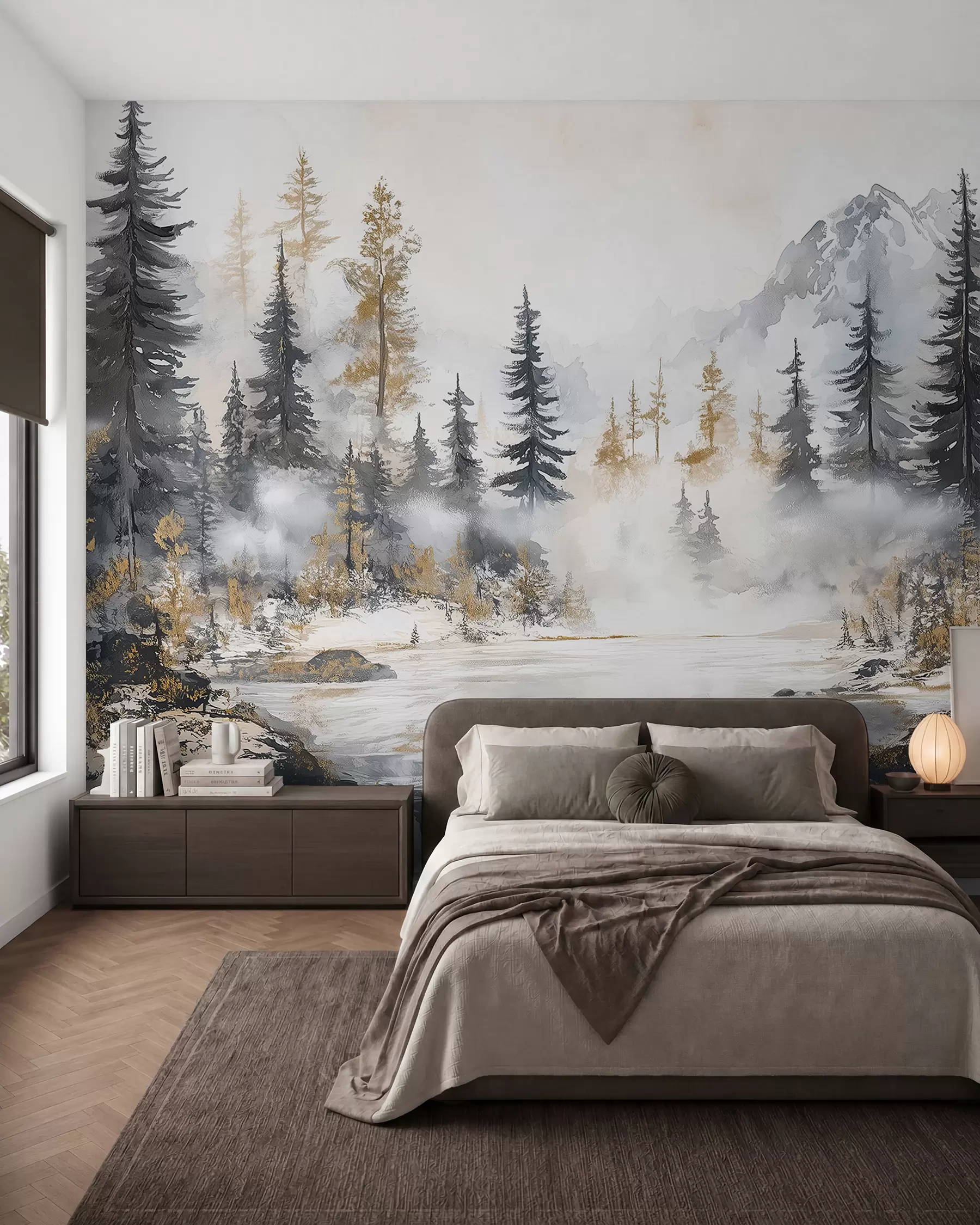 murales de pared Paisaje de invierno con lago y bosque, montañas, darwing estilo pastel w02741
