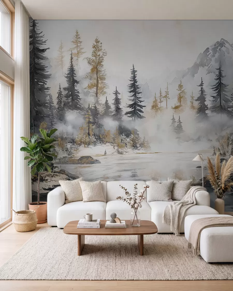 murales de pared Paisaje de invierno con lago y bosque, montañas, darwing estilo pastel w02741