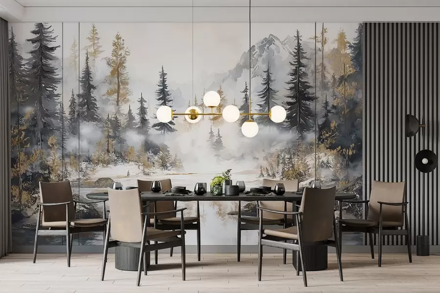 murales de pared Paisaje de invierno con lago y bosque, montañas, darwing estilo pastel w02741