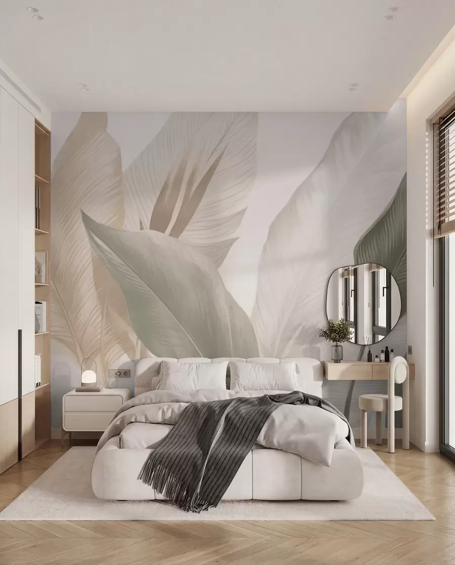 murales de pared Hojas tropicales en suaves tonos beige y verde, con efecto acuarela y suaves transiciones de color w02854