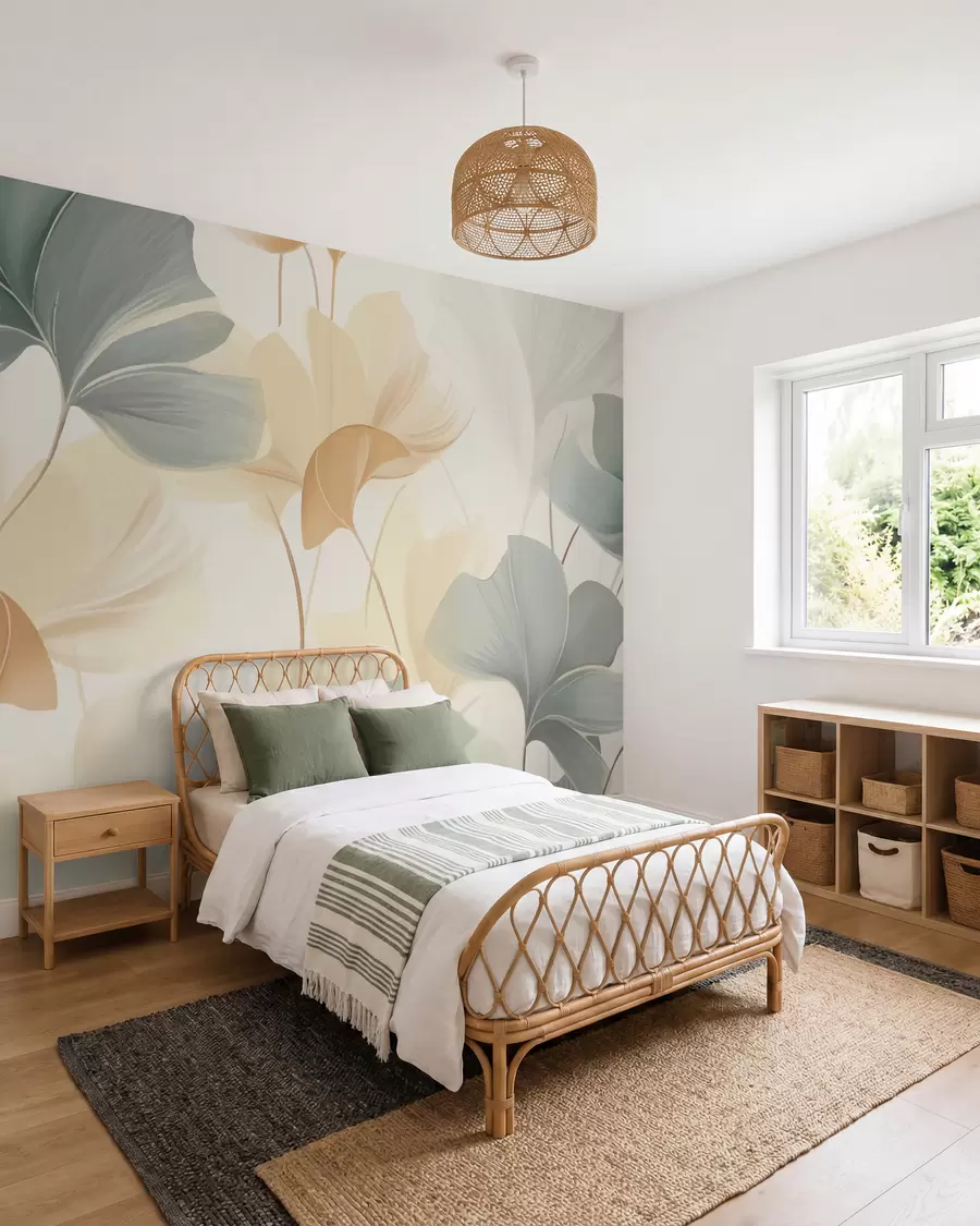 murales de pared Patrón de hojas de ginkgo en suaves tonos pastel, que combinan matices verdes, amarillos y crema para crear una sensación de ligereza y ligereza w02855