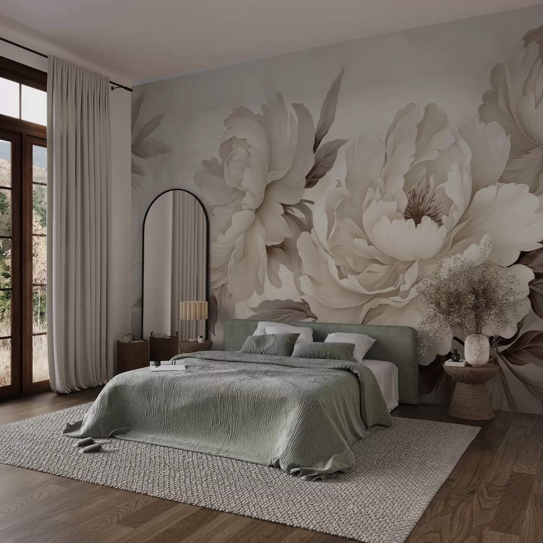 murales de pared Delicadas peonías en tonos beige crema, con refinados detalles de pétalos y hojas, que crean un ambiente cálido y sofisticado w02856v1
