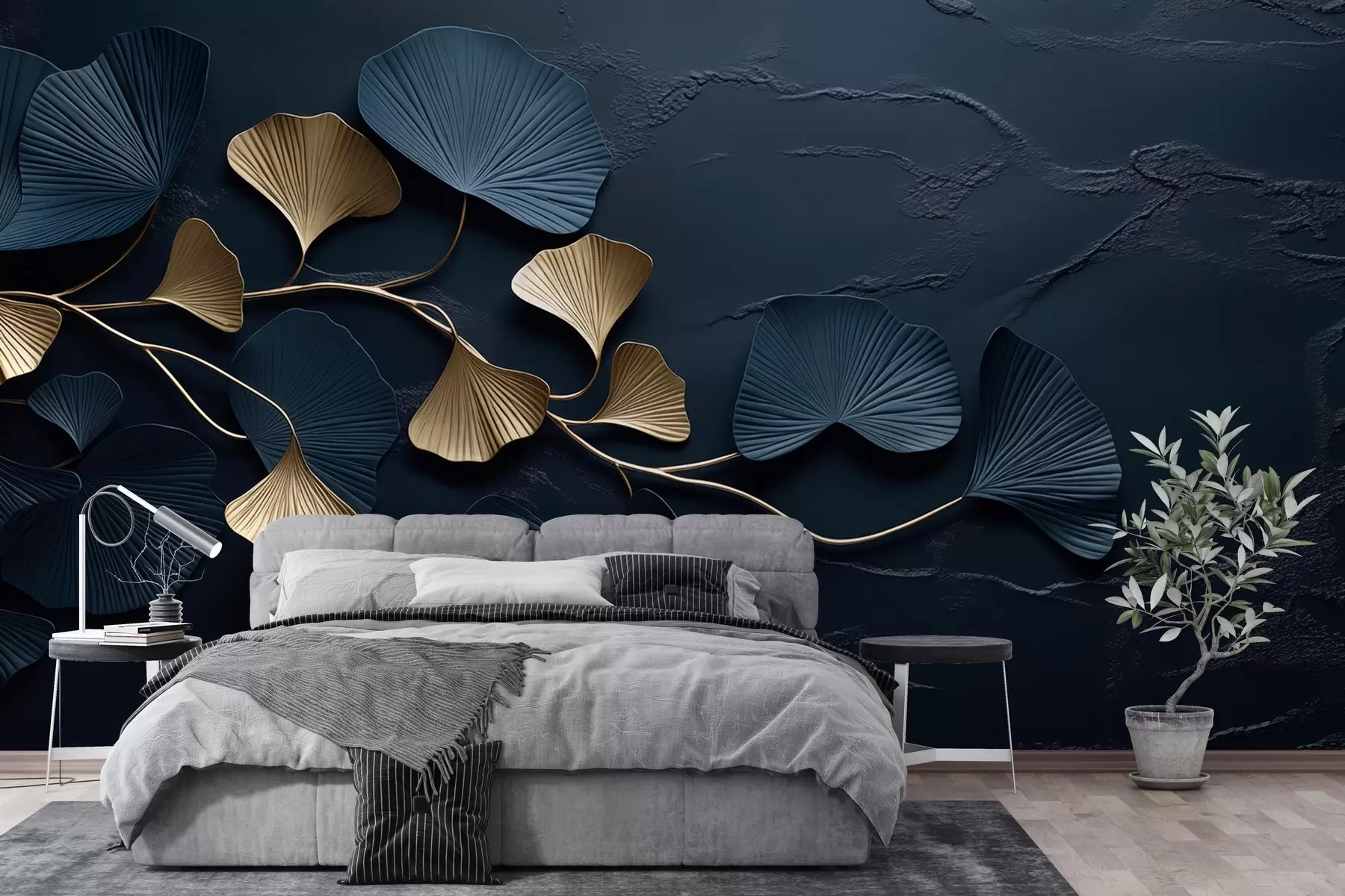 murales de pared Rama volumétrica con hojas sobre un muro de hormigón w02841