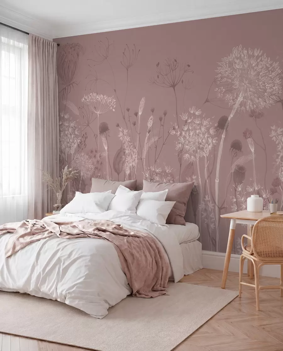 murales de pared Dientes de león y flores silvestres en estilo acuarela en tonos rosados w08637v1
