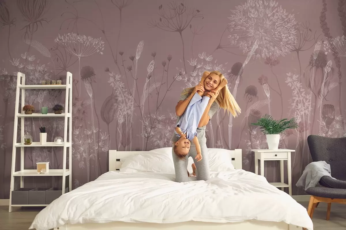 murales de pared Dientes de león y flores silvestres en estilo acuarela en tonos rosados w08637v1