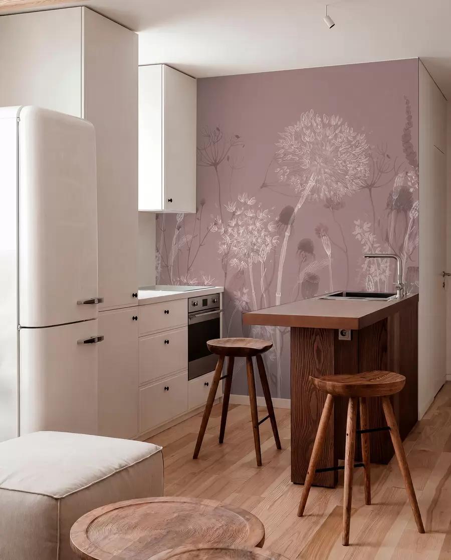 murales de pared Dientes de león y flores silvestres en estilo acuarela en tonos rosados w08637v1