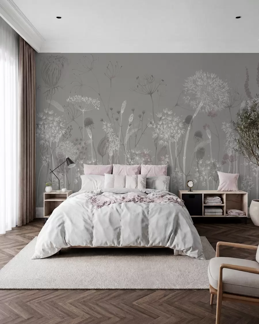 murales de pared Dientes de león y flores silvestres en estilo acuarela en tonos azul grisáceo w08637v3