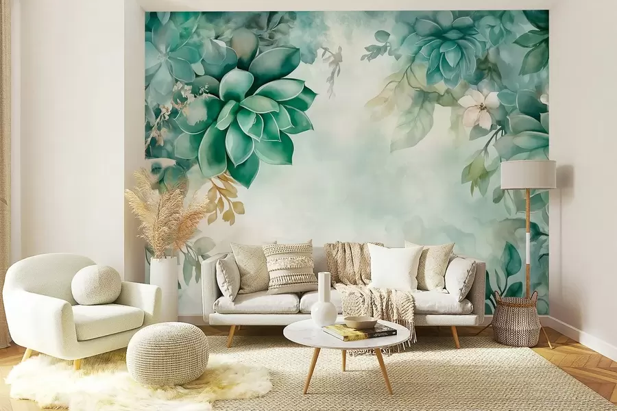 murales de pared Delicadas y exuberantes suculentas y elementos florales en estilo acuarela en tonos verdes w02874
