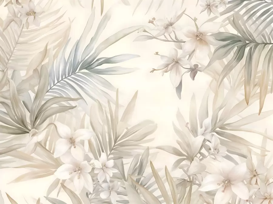 murales de pared Hojas y flores tropicales de colores pastel, con verdes claros, cremas y rosas sutiles w08660