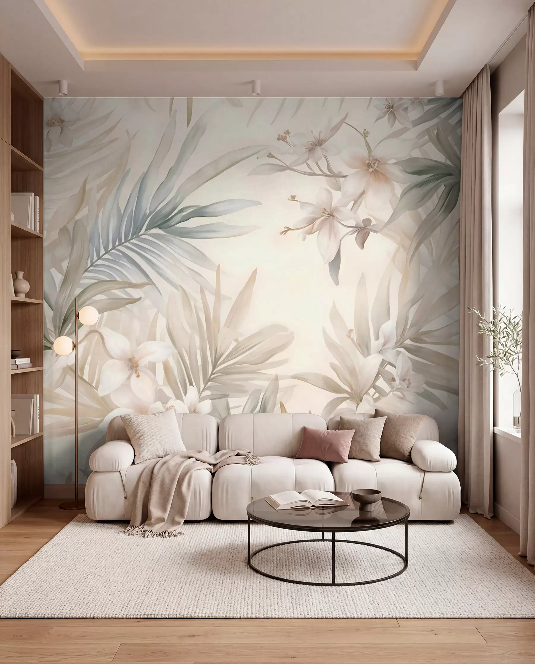 murales de pared Hojas y flores tropicales de colores pastel, con verdes claros, cremas y rosas sutiles w08660