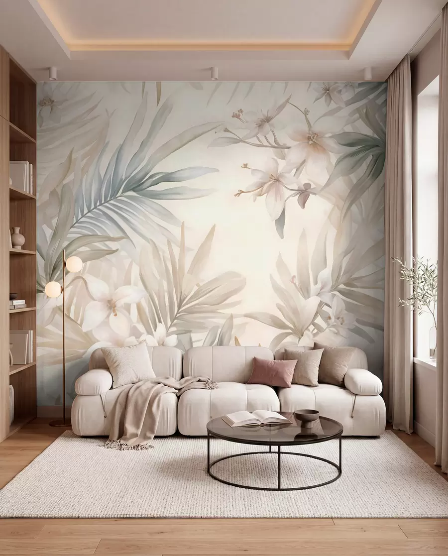 murales de pared Hojas y flores tropicales de colores pastel, con verdes claros, cremas y rosas sutiles w08660