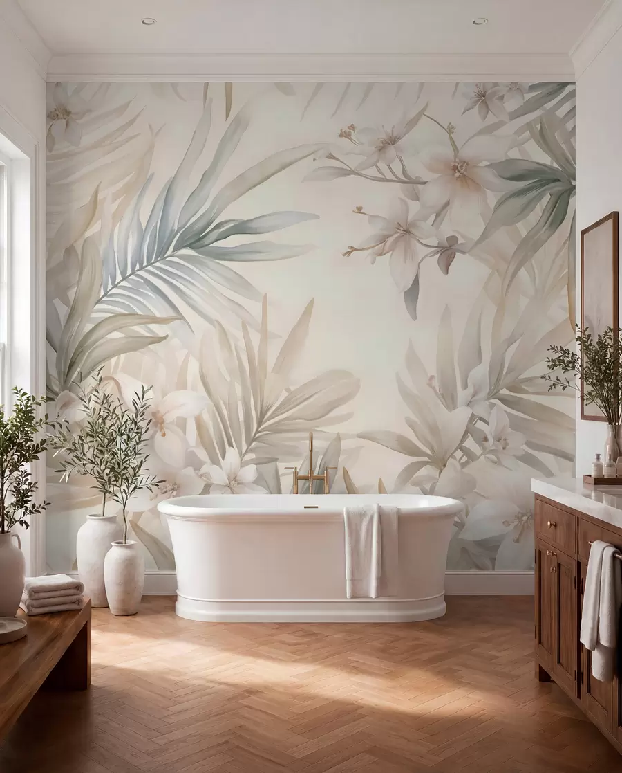 murales de pared Hojas y flores tropicales de colores pastel, con verdes claros, cremas y rosas sutiles w08660