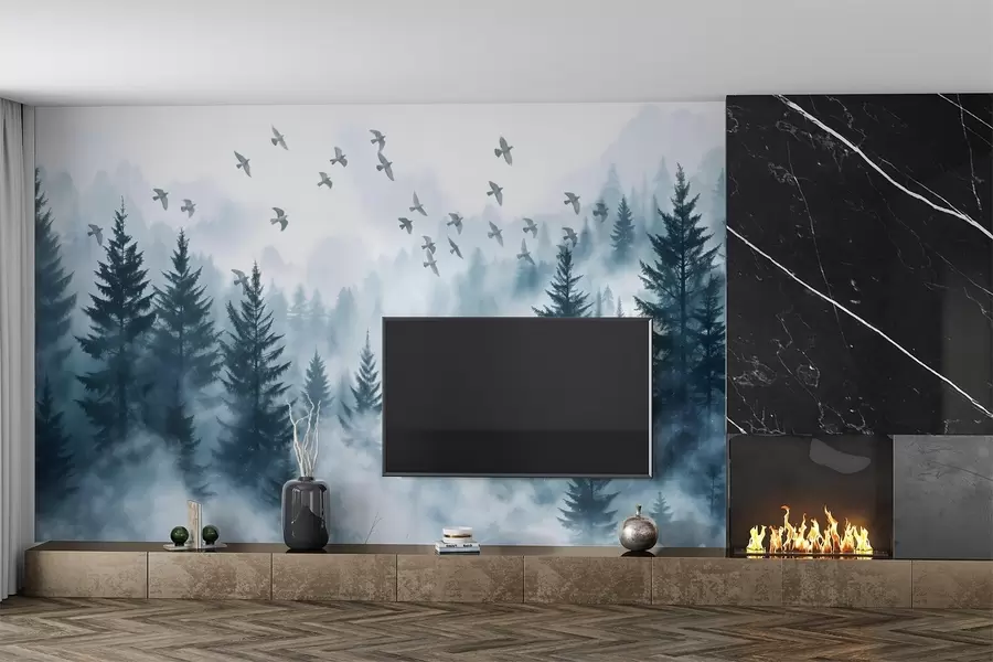 murales de pared Tranquilo bosque de niebla con árboles en tonos azules y bandadas de pájaros volando en el cielo  w08664