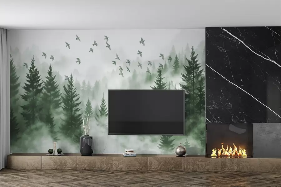 murales de pared Tranquilo bosque de niebla con árboles en tonos verdes y bandadas de pájaros volando en el cielo  w08664v1