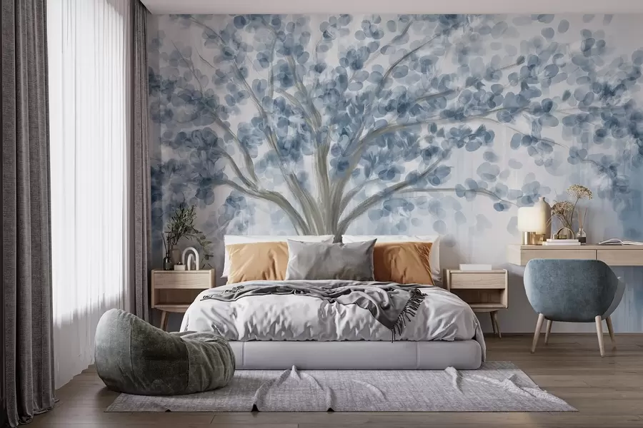 murales de pared Un gran árbol con hojas suaves y abstractas en azul sobre un fondo claro y neutro que realza los tonos del árbol  w08669v1