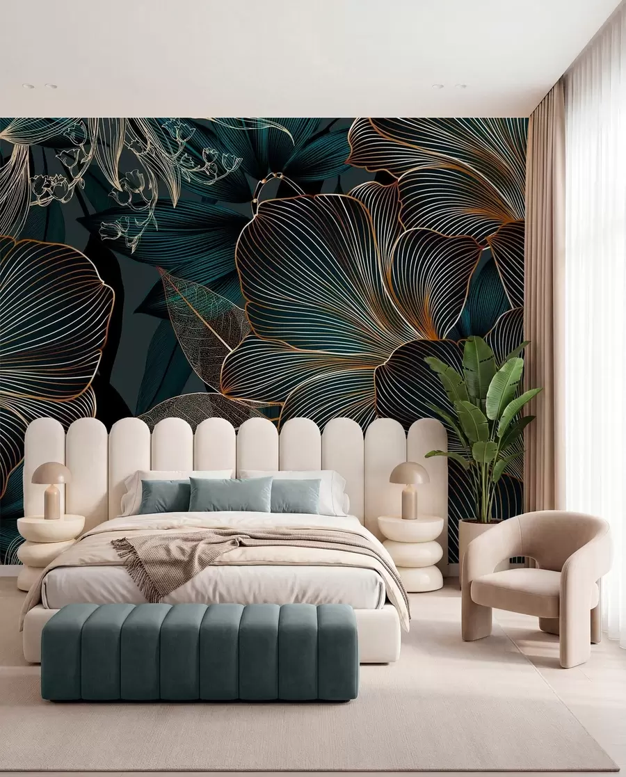 murales de pared Flores y hojas estilizadas con intrincadas líneas en tonos verde azulado y amarillo sobre fondo oscuro w08675