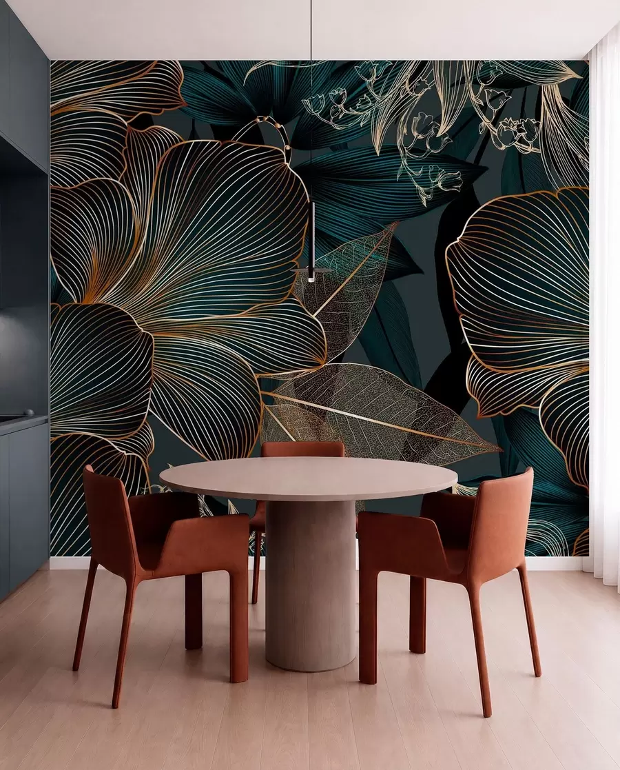 murales de pared Flores y hojas estilizadas con intrincadas líneas en tonos verde azulado y amarillo sobre fondo oscuro w08675