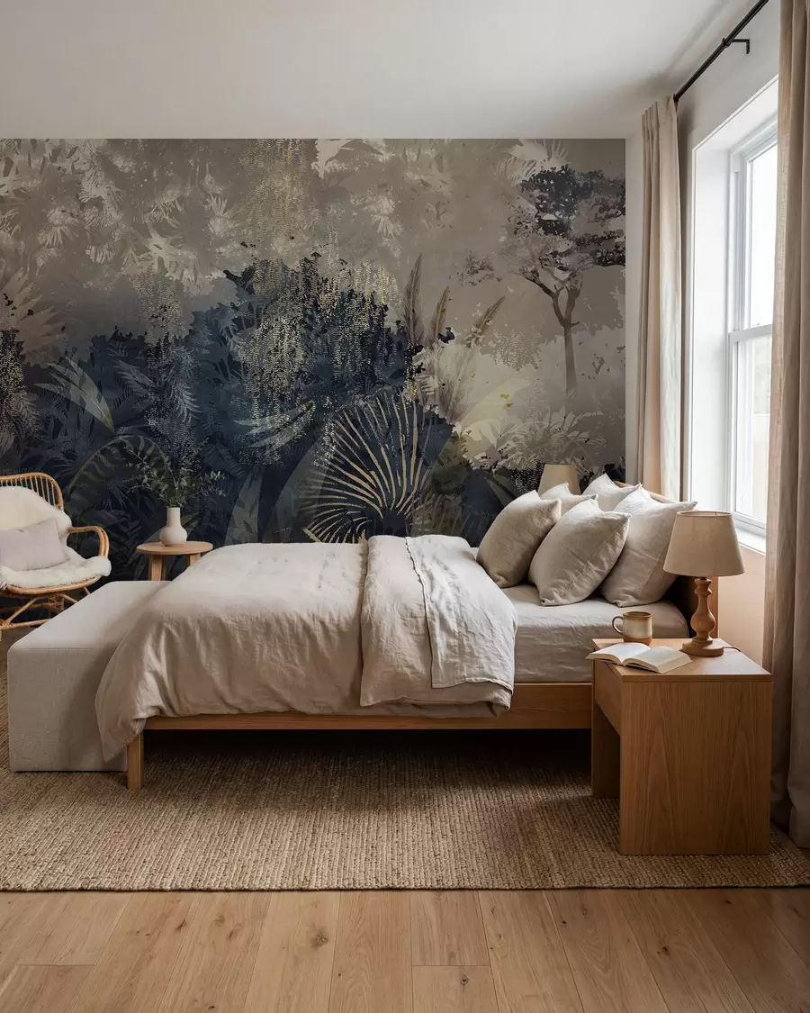 murales de pared África mágica con selva tropical y elementos vectoriales con tinte marrón w02643v1