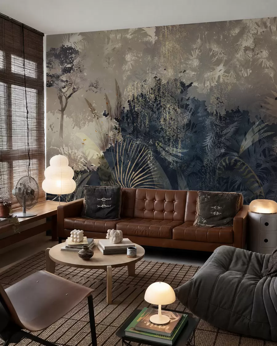 murales de pared África mágica con selva tropical y elementos vectoriales con tinte marrón w02643v1