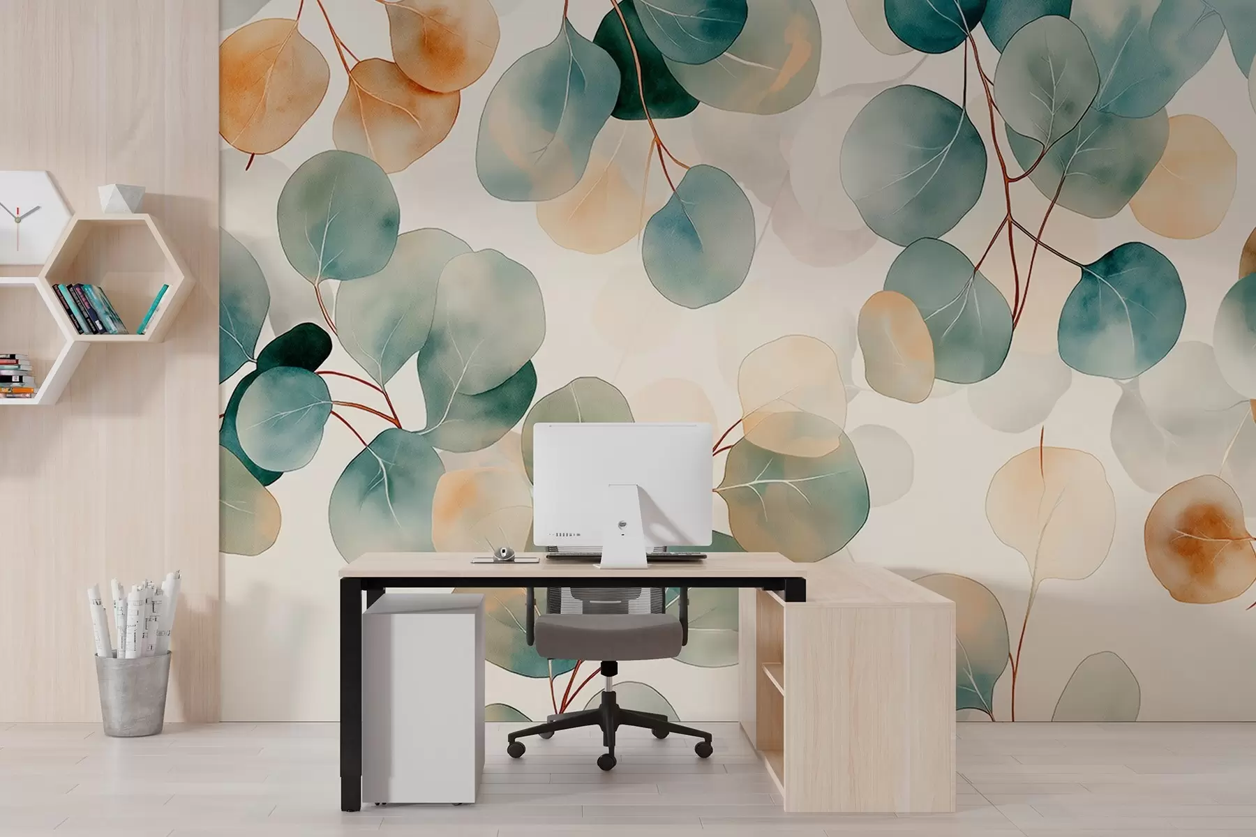 murales de pared Dibujo de eucalipto estilo acuarela, colores pastel suaves, floral w02938