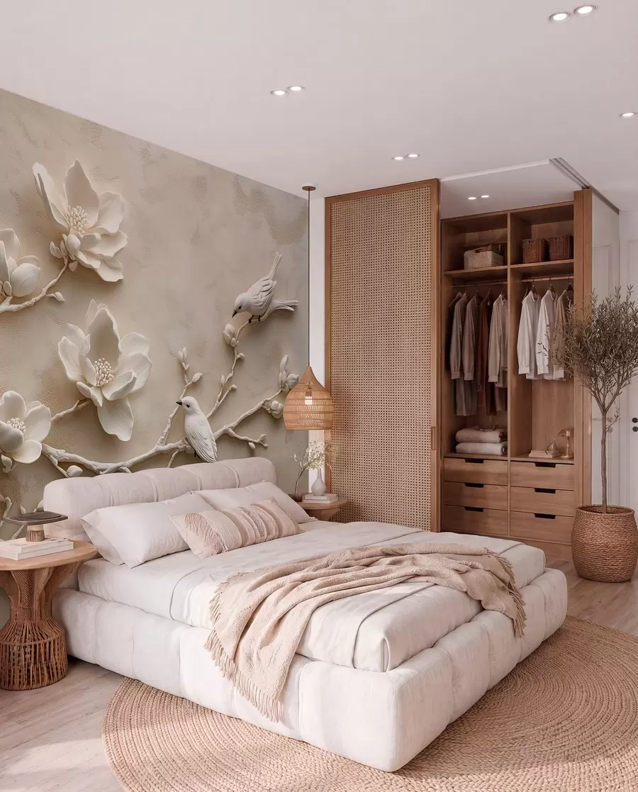 murales de pared ramas de magnolia en 3D con pájaros w08690