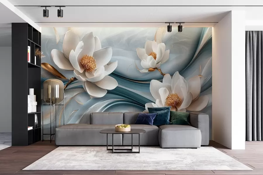 murales de pared Flores de magnolia combinadas con tonos azules, blancos y amarillos con ondas abstractas w08695