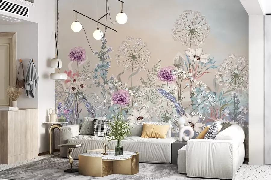 murales de pared Un vibrante jardín floral con varias flores y hierba sobre un fondo con textura degradada de suaves colores pastel w08699