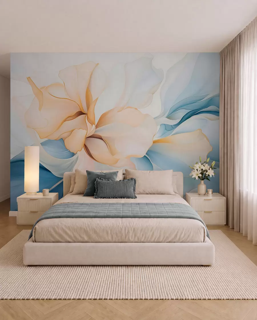 murales de pared Pétalos florales abstractos fluidos de formas translúcidas y superpuestas en colores pastel, en tonos melocotón y azul w08701