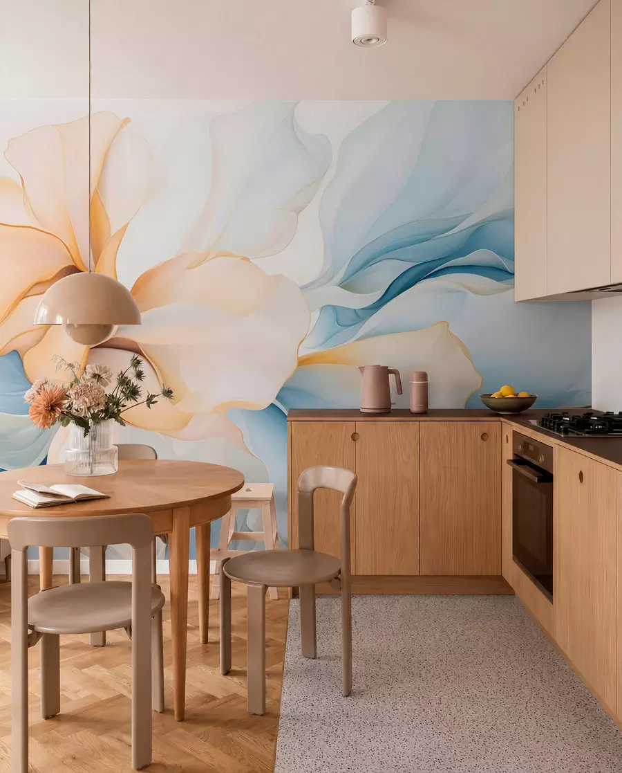 murales de pared Pétalos florales abstractos fluidos de formas translúcidas y superpuestas en colores pastel, en tonos melocotón y azul w08701