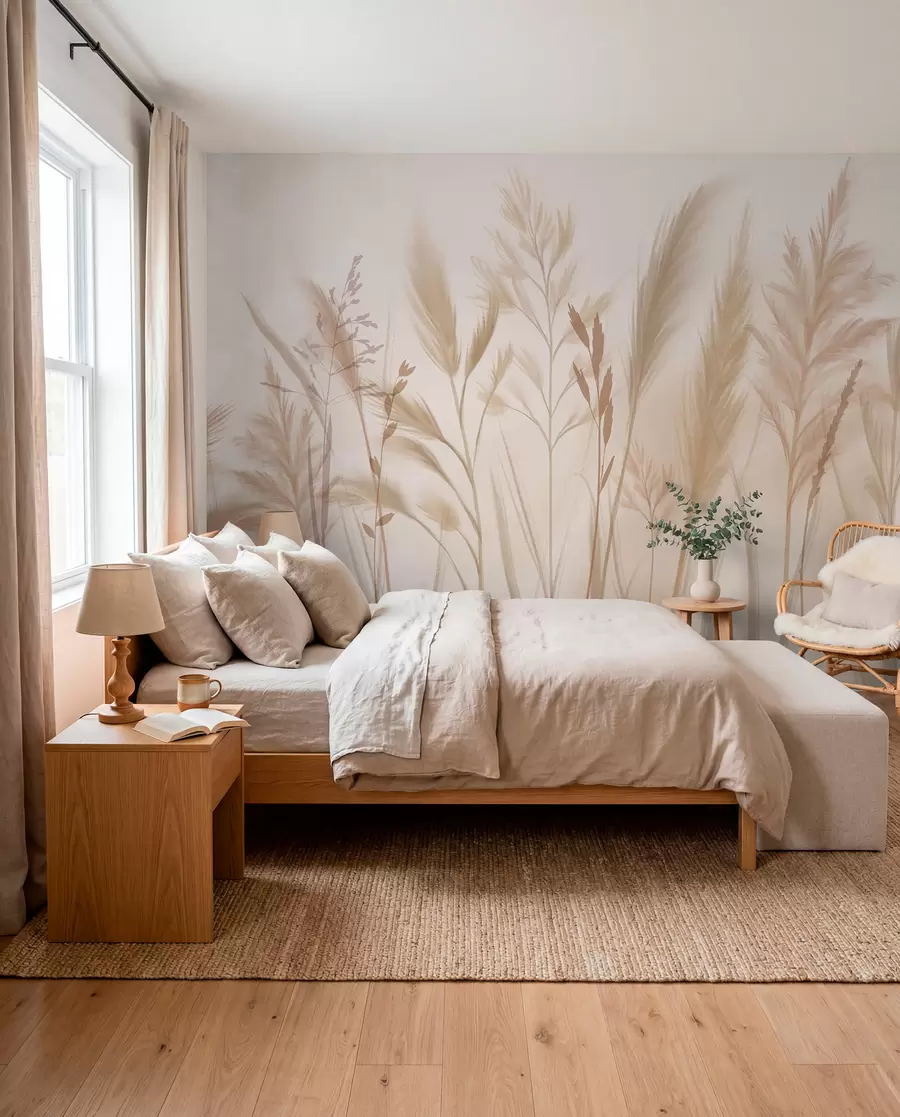 murales de pared Hierbas altas y delicadas, espiguillas y plantas en suaves tonos beige y crema, sobre un fondo ligeramente difuminado w08736