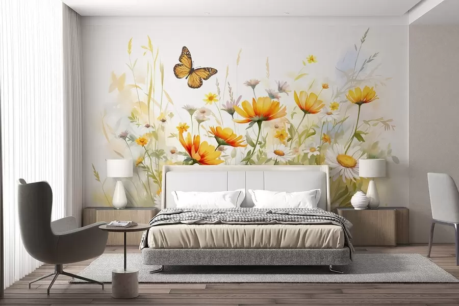 murales de pared Un vibrante campo de flores en forma de acuarela con flores naranjas y amarillas y una mariposa sobre las flores w08739