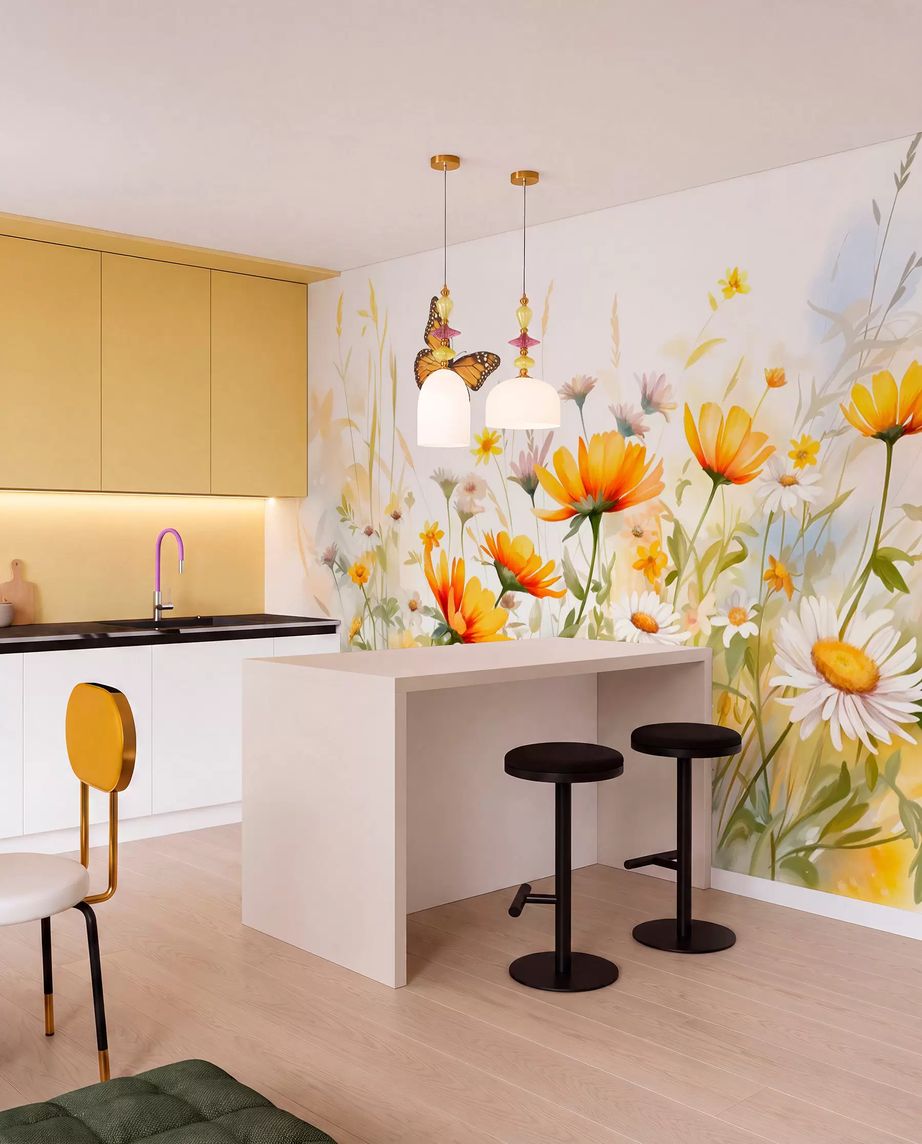 murales de pared Un vibrante campo de flores en forma de acuarela con flores naranjas y amarillas y una mariposa sobre las flores w08739