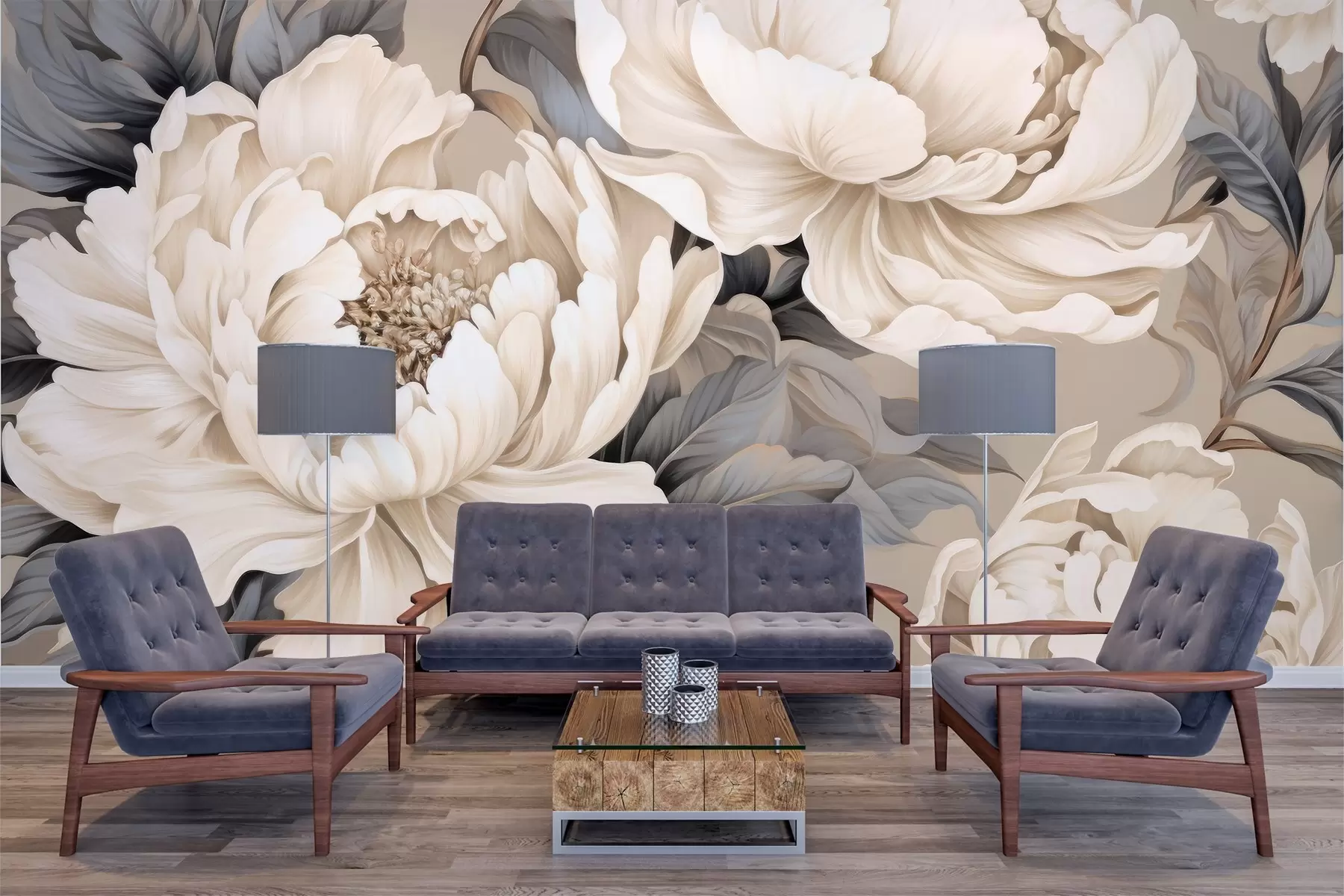 murales de pared Elegantes peonías cremosas con pétalos detallados y hojas azul grisáceo sobre un fondo cálido w03077