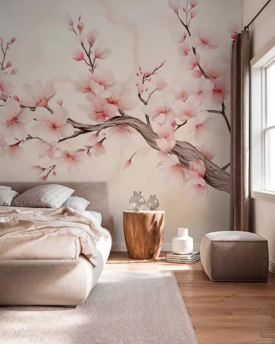 murales de pared Una delicada rama de cerezo con flores de color rosa suave sobre un fondo claro w03079