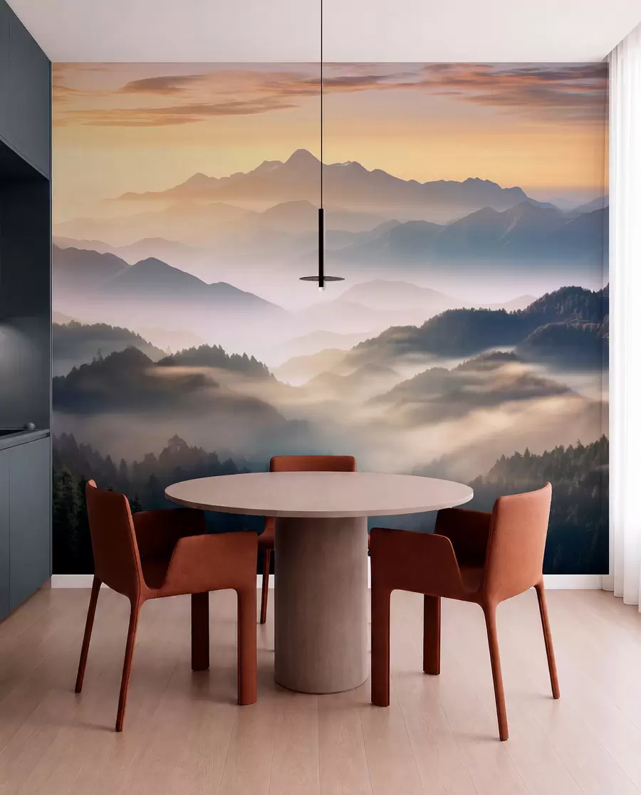 murales de pared Sereno paisaje de montaña al amanecer, con suave bruma envolviendo los pinos w08748