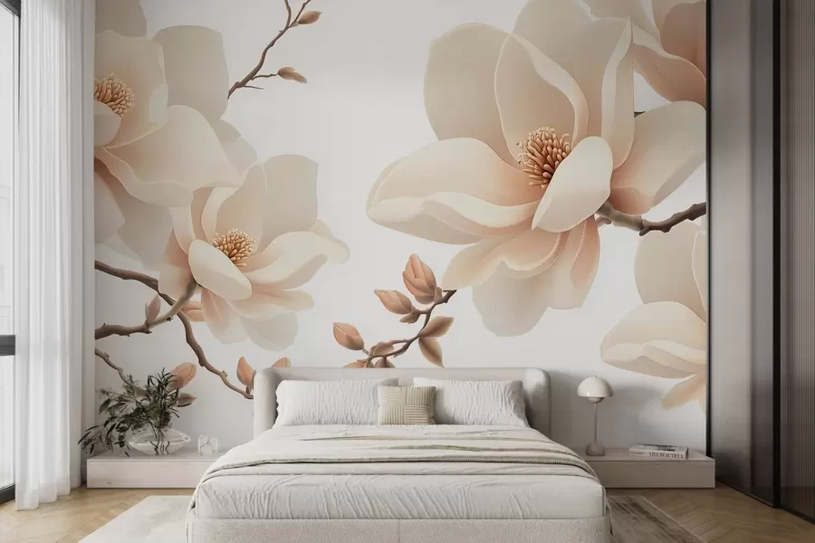murales de pared Ramas de magnolia de color crema sobre fondo blanco w08755